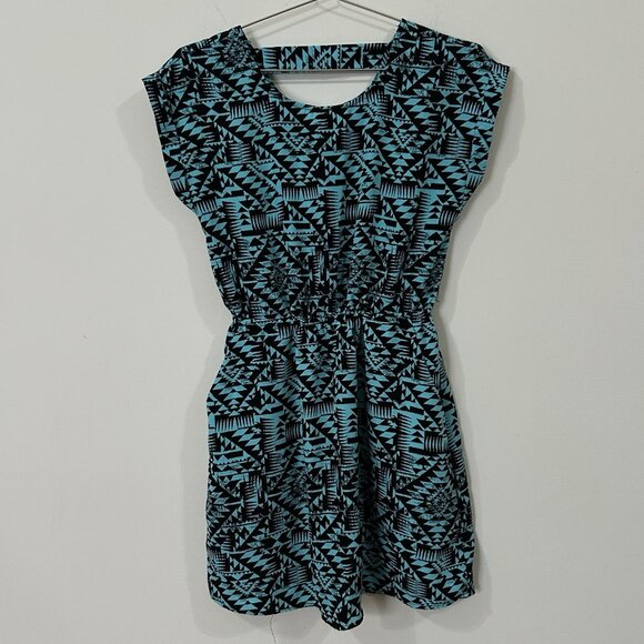 PINK REPUBLIC Aztec Short Dress Sz S Turquoise Black Bar Back Pockets Soft - Picture 1 of 11